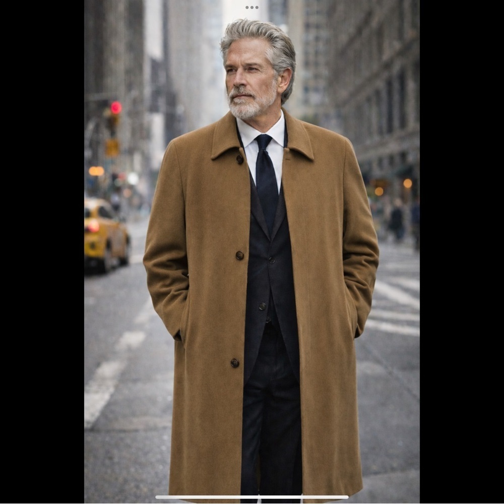 Andrew Fezza Cashmere Blend Coat Camel Long Overcoat L-54 Luxury Classic XXL